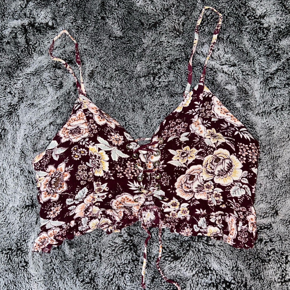 La Hearts Burgundy Floral Lace-Up Top